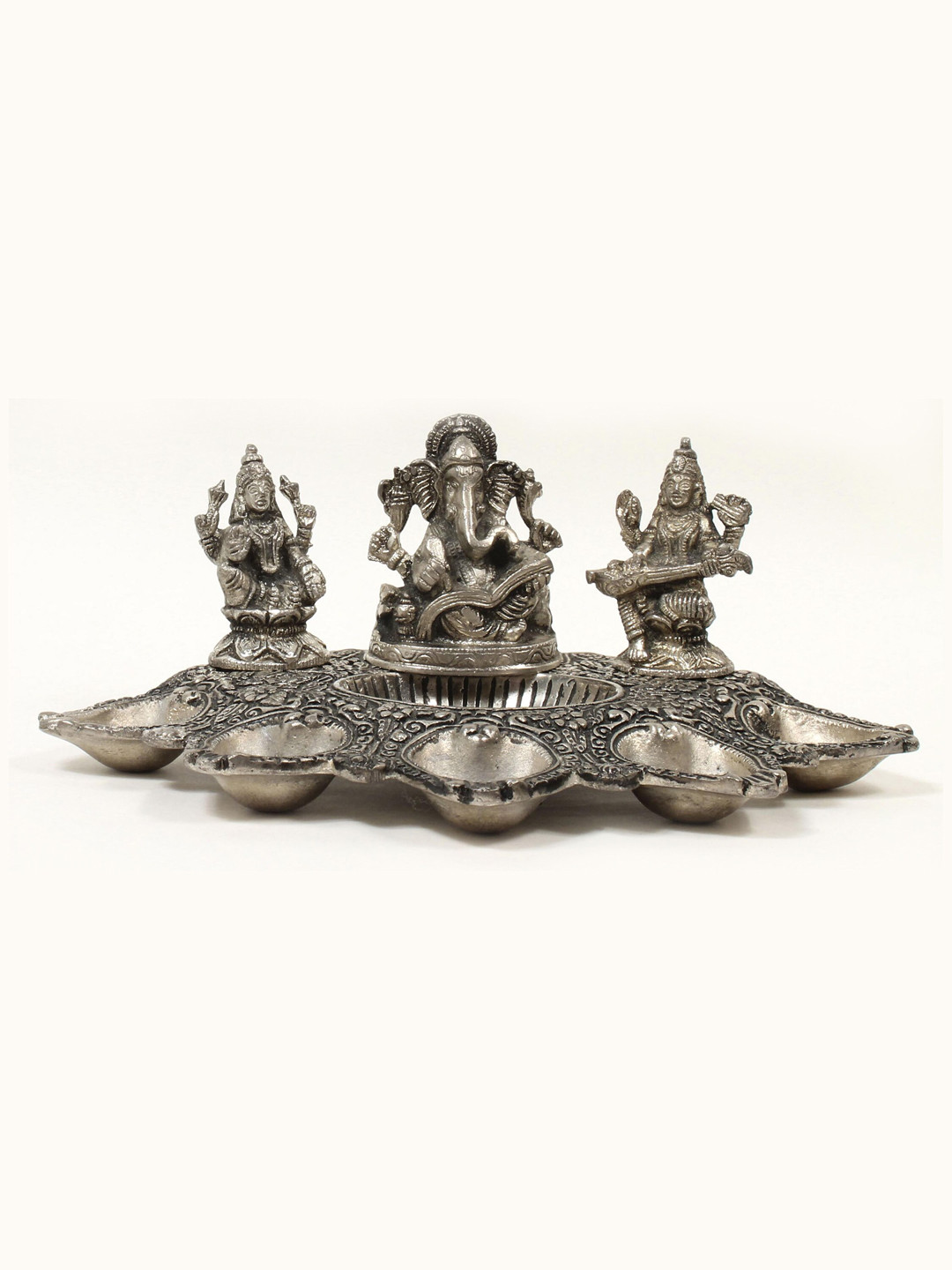 Home Sparkle Silver Lakshmi Ganesh & Saraswati Diya