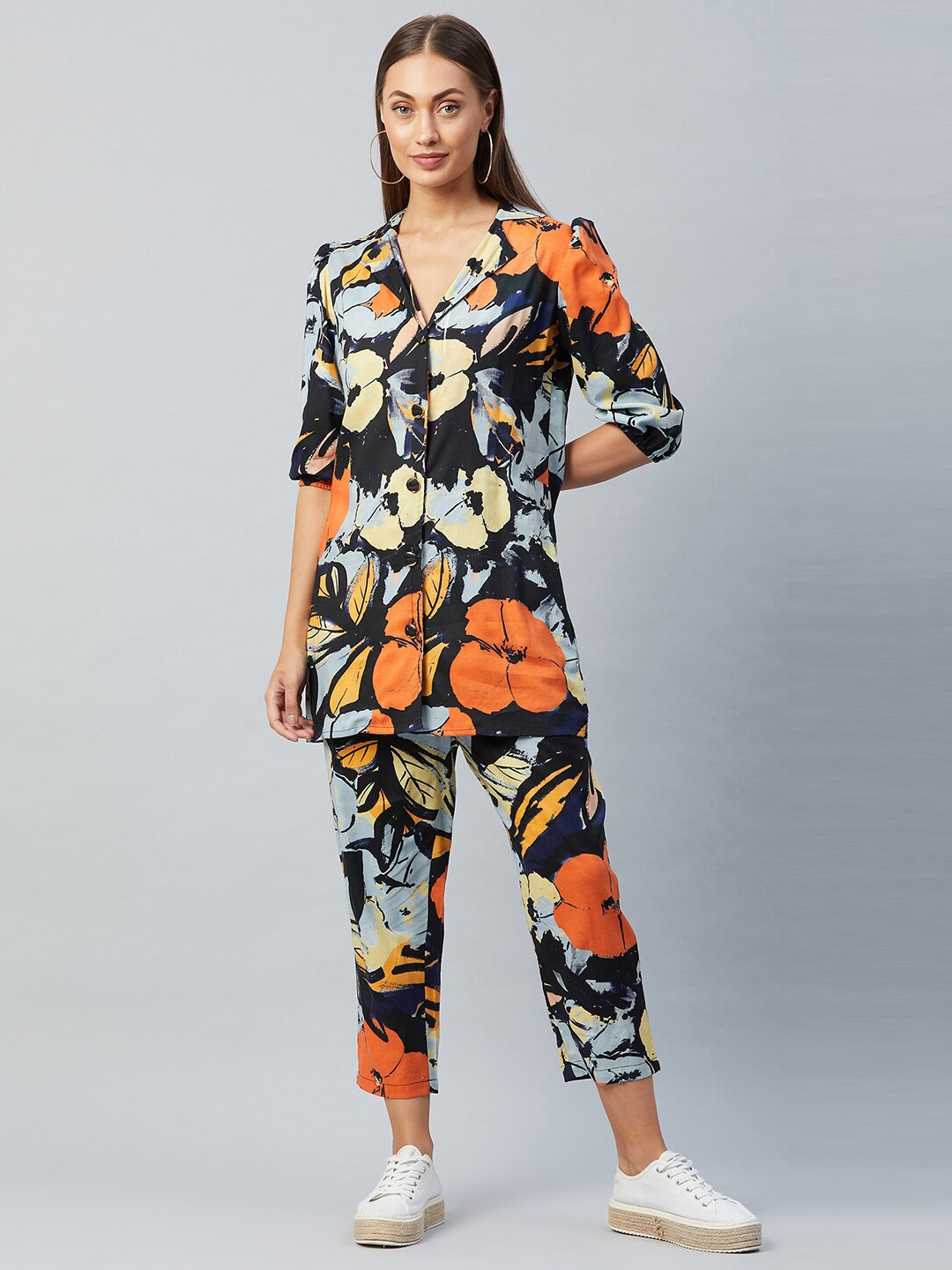 Athena Women Black Abstract Printed Shirt & Trousers