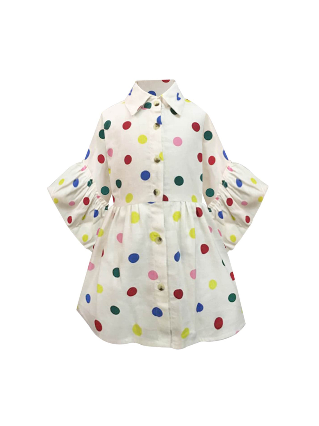 A T U N Off White Pure Cotton Polka Dots Printed Shirt Dress