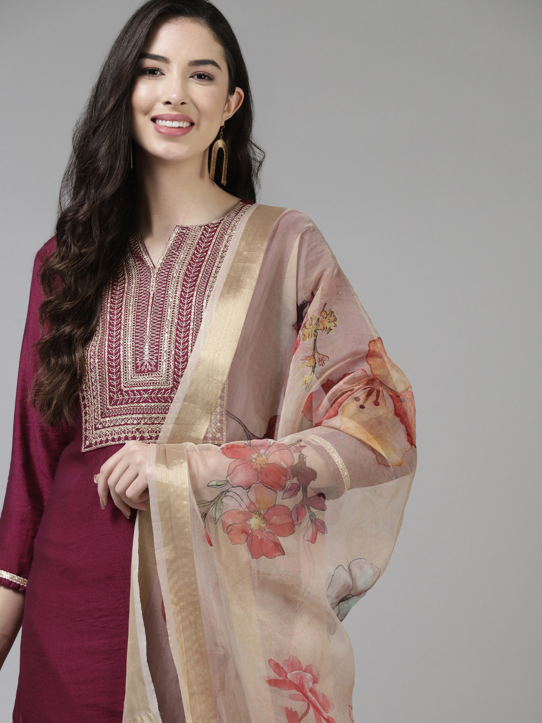 Indo Era Burgundy & Gold Striped Yoke Thread Work Liva Straight Kurta Trousers & Dupatta