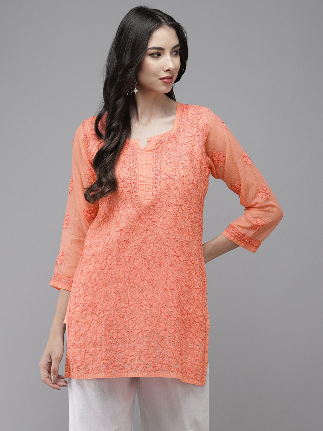 ADA Peach-Coloured Hand Embroidered Chikankari Kota Handloom Kurti With Matching Slip