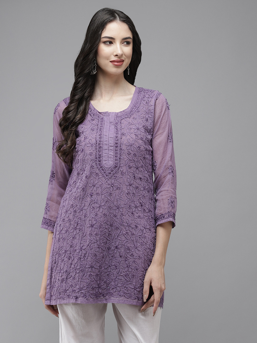 ADA Purple Hand Embroidered Chikankari Kota Kurti With Matching Slip
