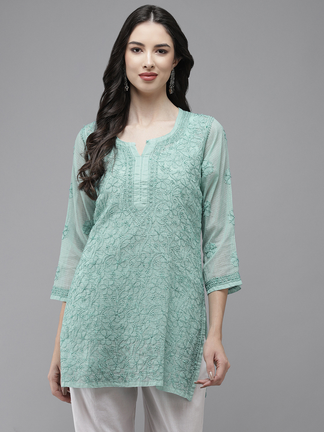 ADA Turquoise Blue Hand Embroidered Chikankari Kota Handloom Kurti With Matching Slip