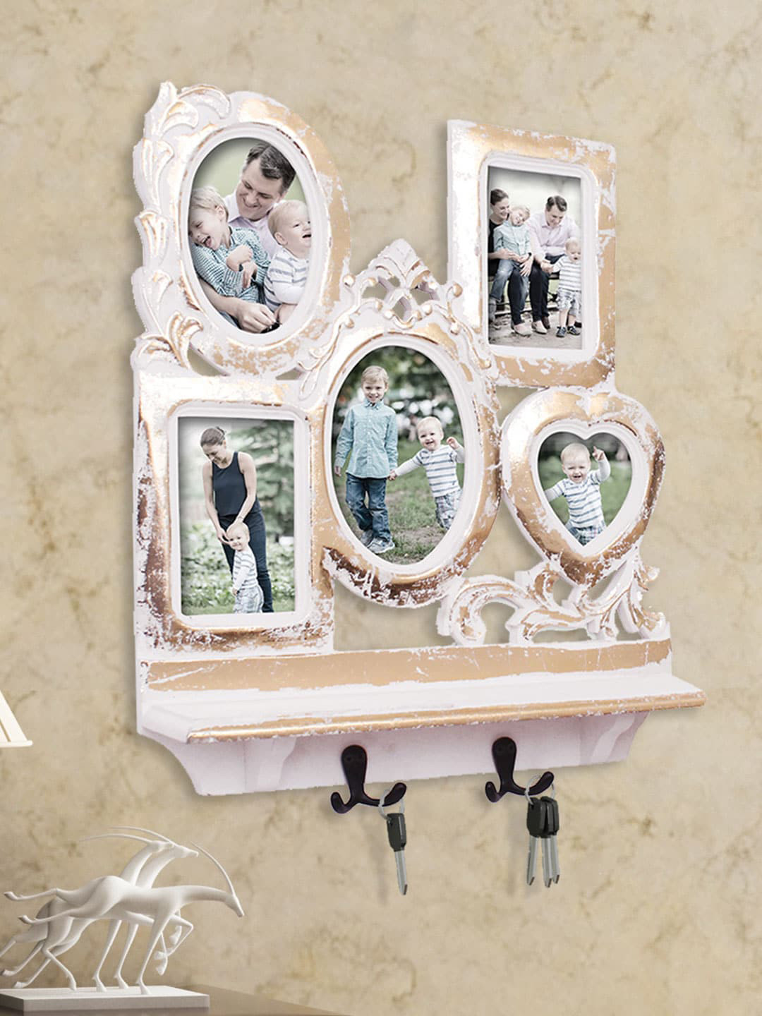 Home Sparkle Gold-Toned & White MDF Wall Shelf with Keyholders