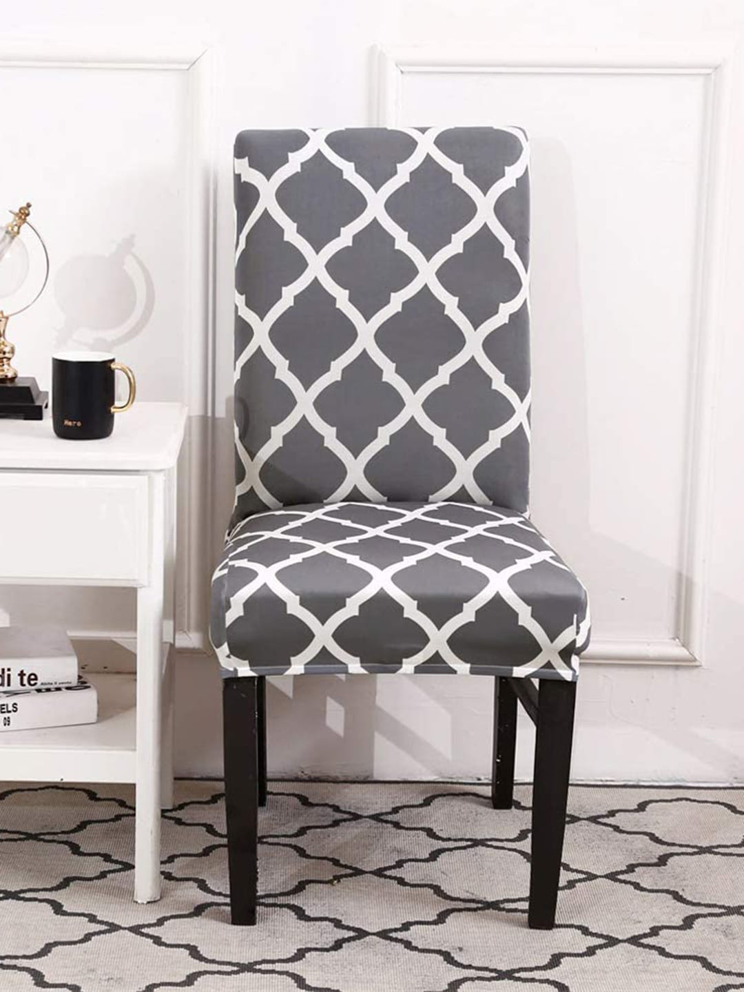 HOUSE OF QUIRK Grey & White Geometric Printed Removable Chair Cover