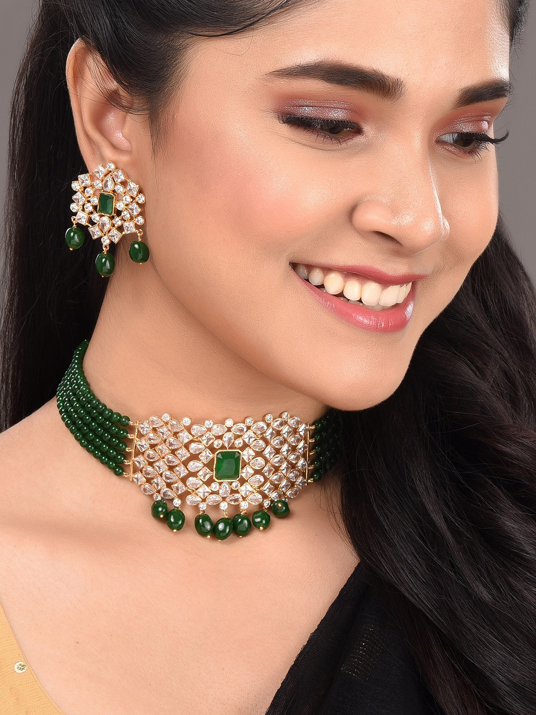 Saraf RS Jewellery Gold-Plated White & Green American Diamond Studded Choker Jewellery Set