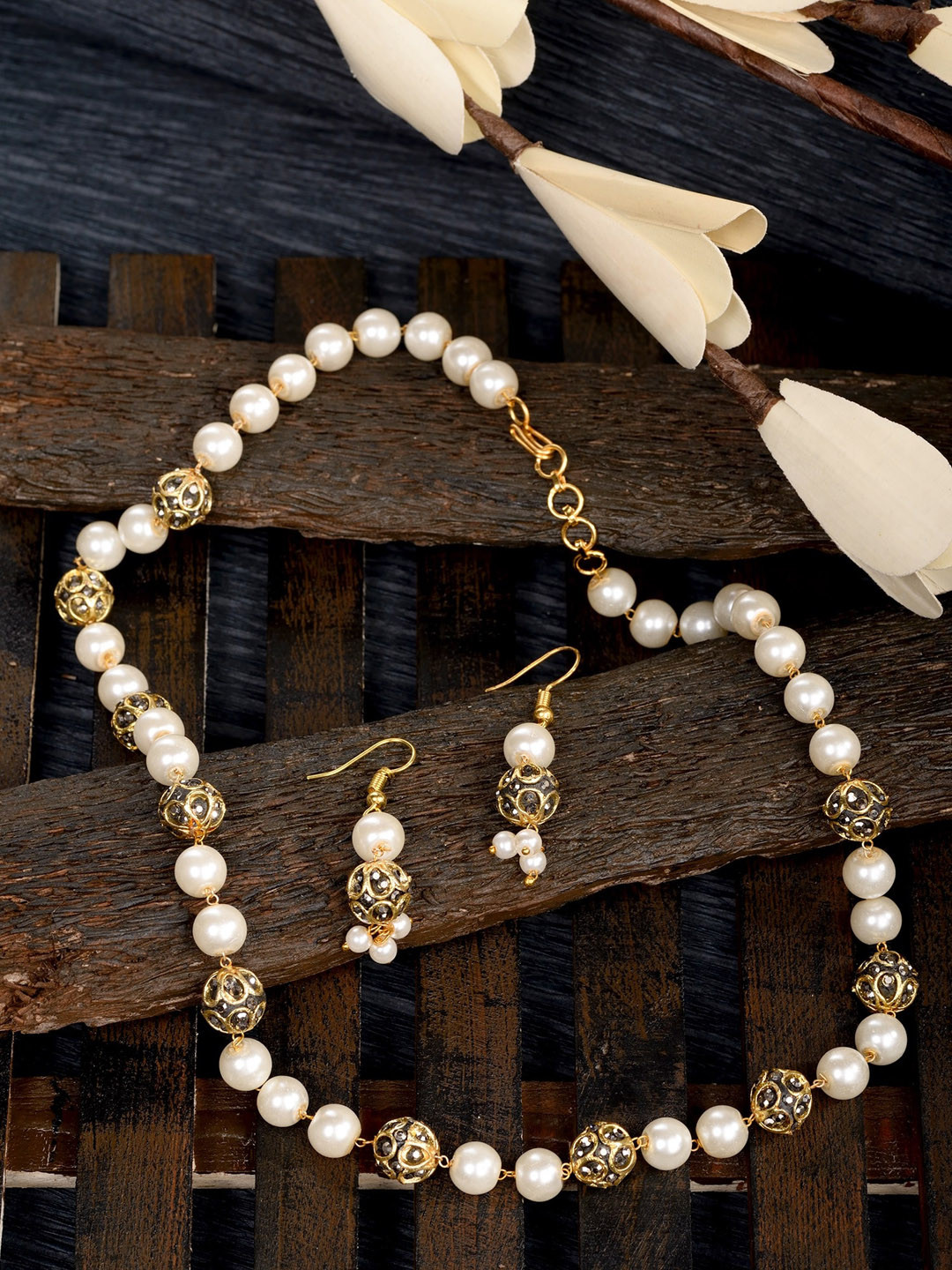 Saraf RS Jewellery Gold-Plated Black & White Pearls Beaded & American Diamond Studded Light Weight Jewellery Set