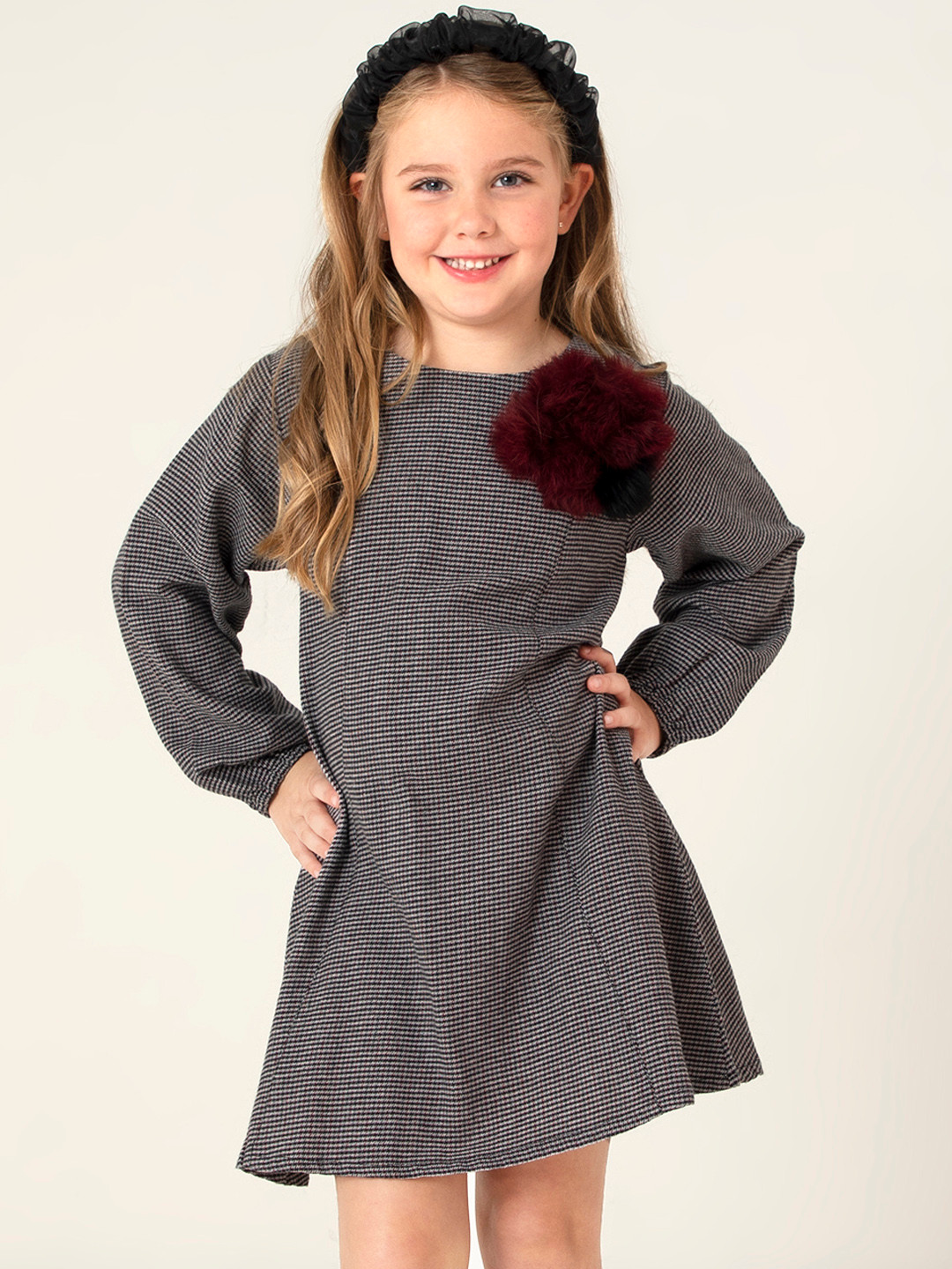 Cherry Crumble Girls Grey & Black Cotton Houndstooth Winter A-Line Dress with Pom-Pom