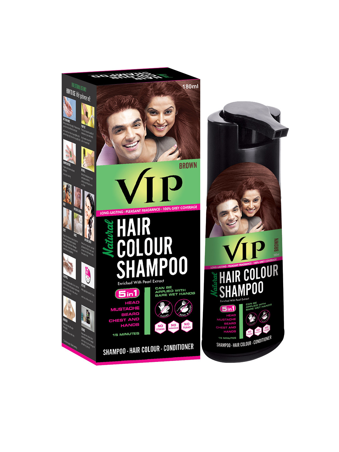 VIP HAIR COLOUR SHAMPOO Cum Conditioner With Pearl Extract - Brown 180ml