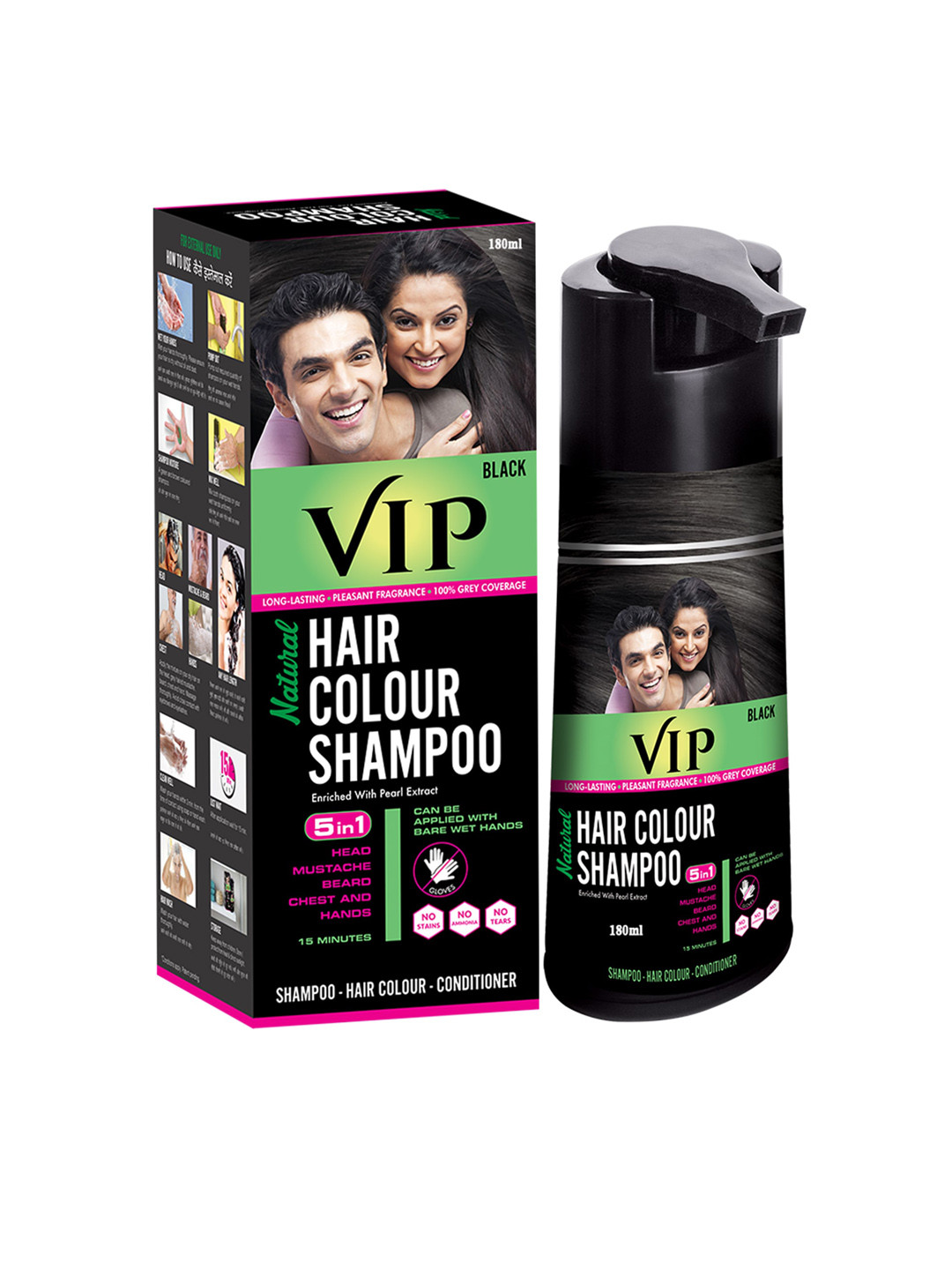 VIP HAIR COLOUR SHAMPOO Cum Conditioner With Pearl Extract - Black 180ml