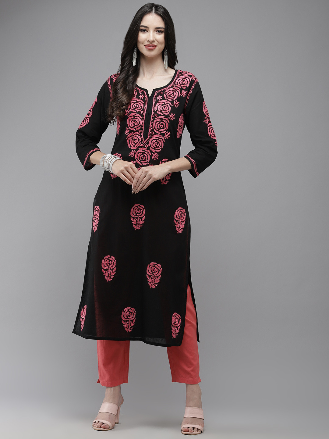ADA Women Black & Pink Ethnic Motifs Embroidered Thread Work Handloom Kurta