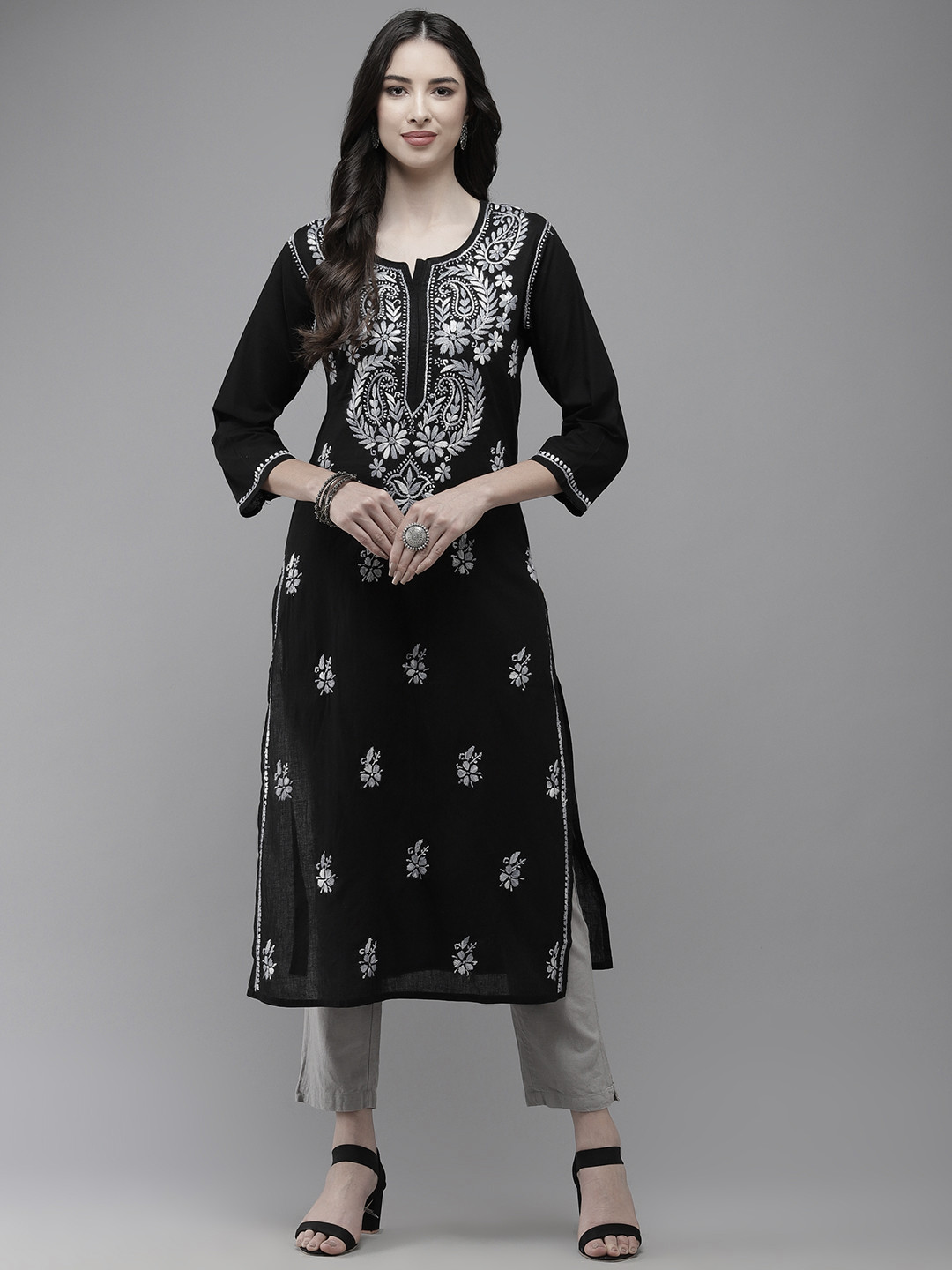 ADA Women Black & Silver-Toned Ethnic Motifs Embroidered Thread Work Handloom Kurta