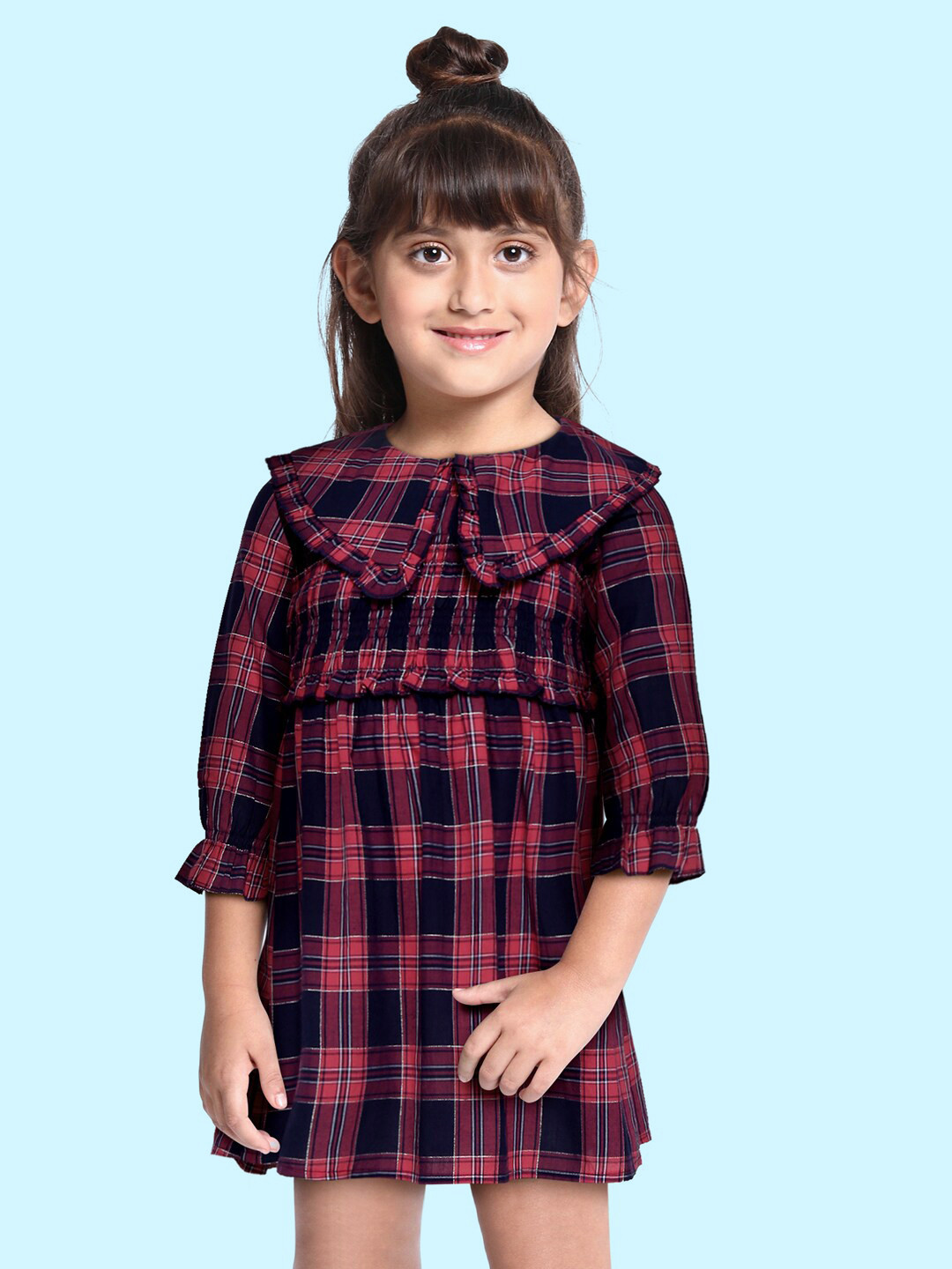 SCOUP Red & Navy Blue Cotton Checked Peter Pan Collar Smocked Yoke Dress