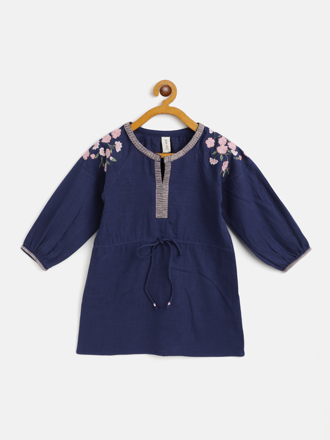 SCOUP Navy Blue Embroidered Cotton Floral A-Line Dress
