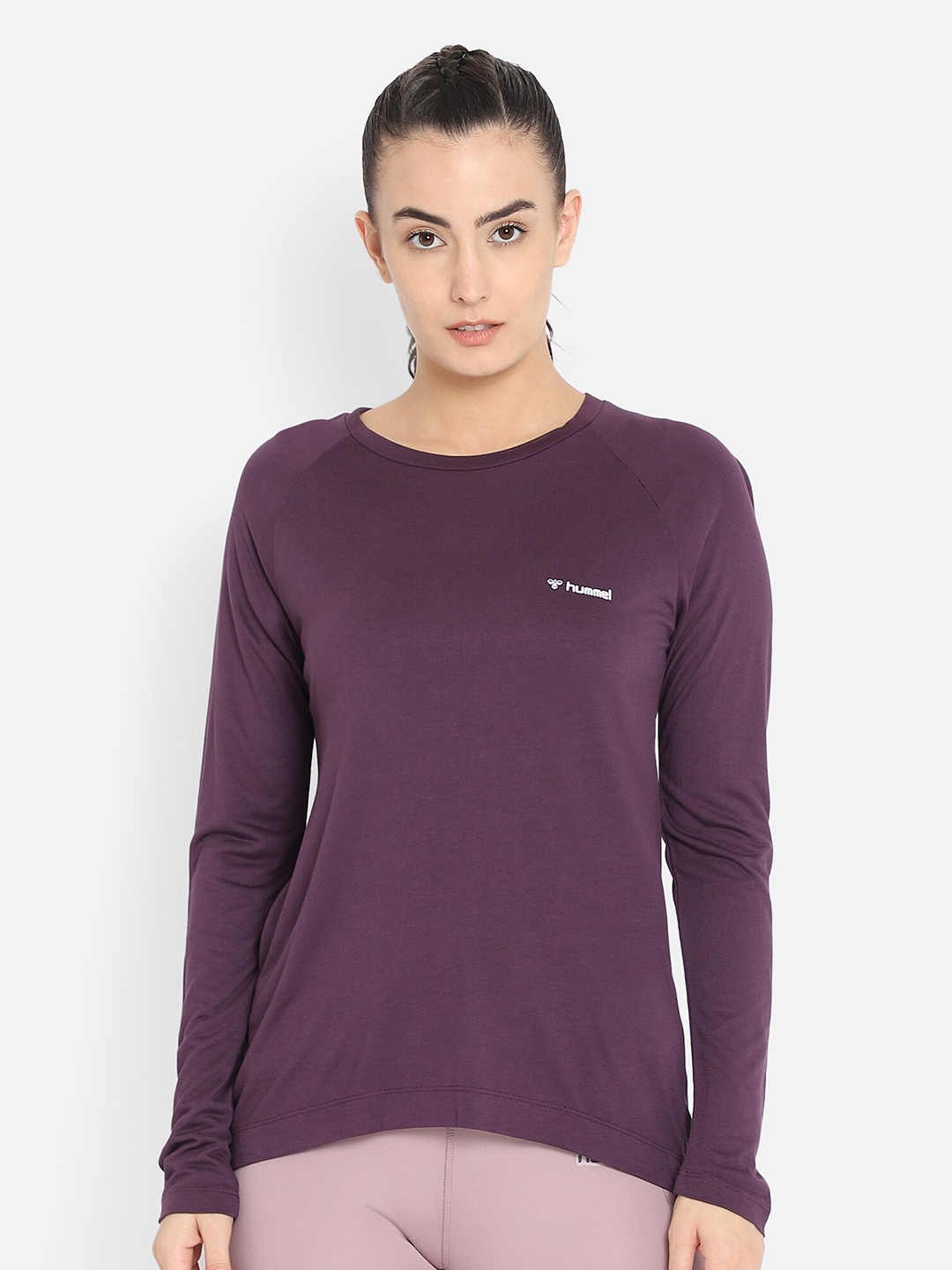 hummel Women Purple Logo Printed Round Neck T shirt