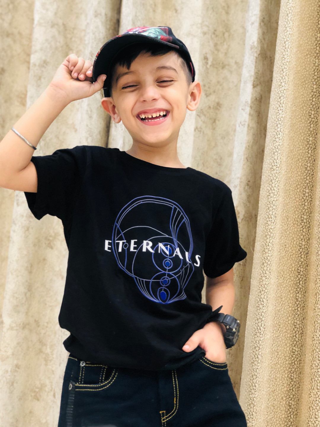 YK Marvel Boys Black & Blue Eternals Printed Pure Cotton T-shirt