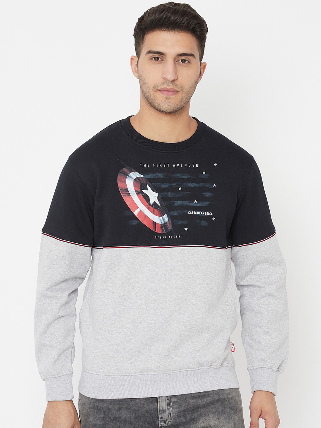 Octave Men Grey & Black Captain America Printed Fleece Sweatshirt