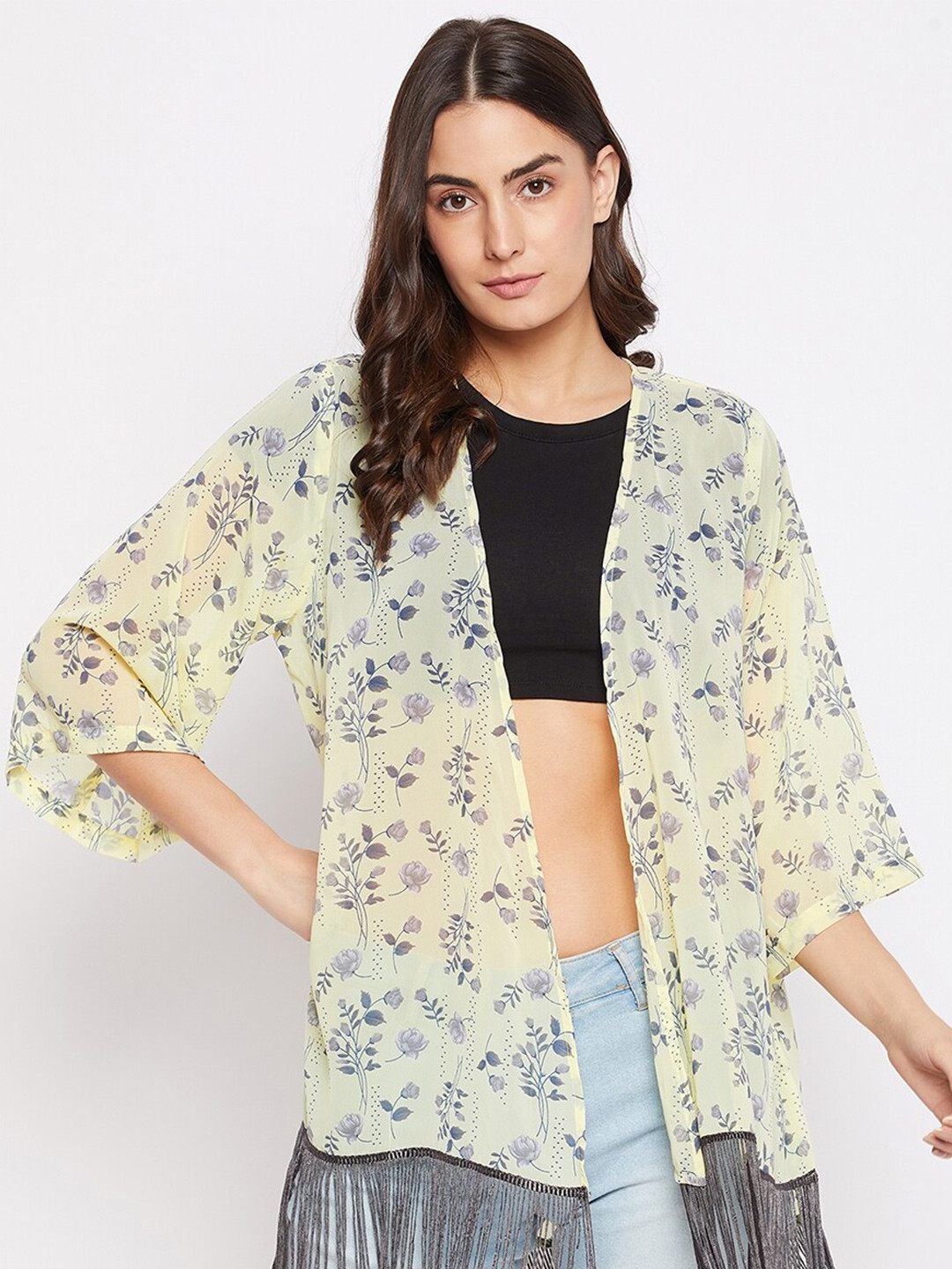 PURYS Women Yellow & Grey Printed Tasselled Shrug