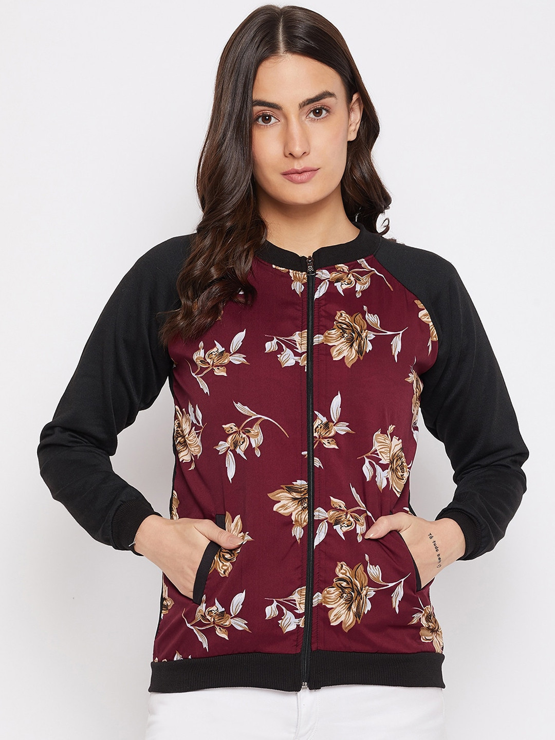 PURYS Women Black & Maroon Floral Fleece Bomber Jacket