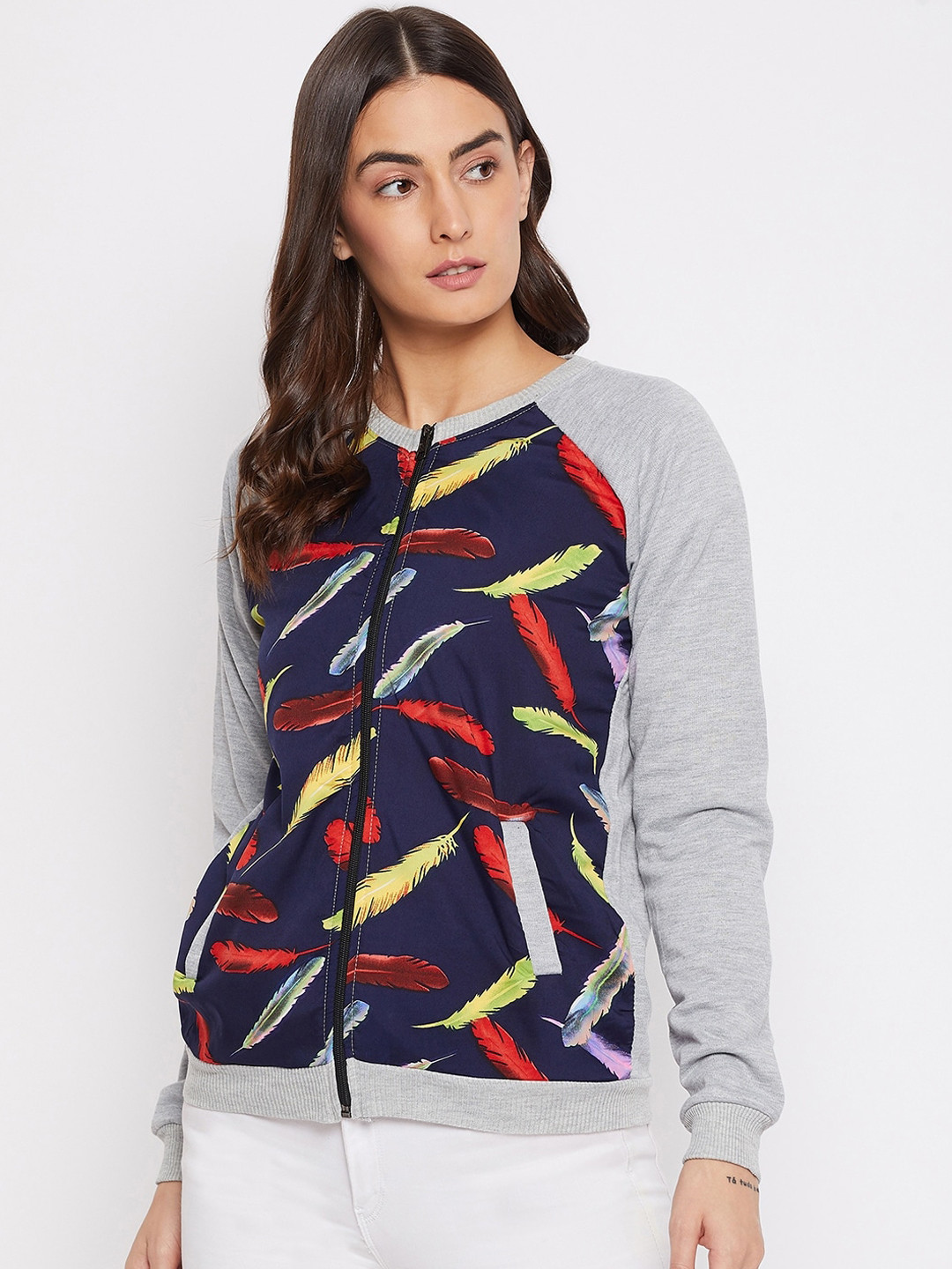 PURYS Women Grey & Navy Blue Graphic Fleece Bomber Jacket