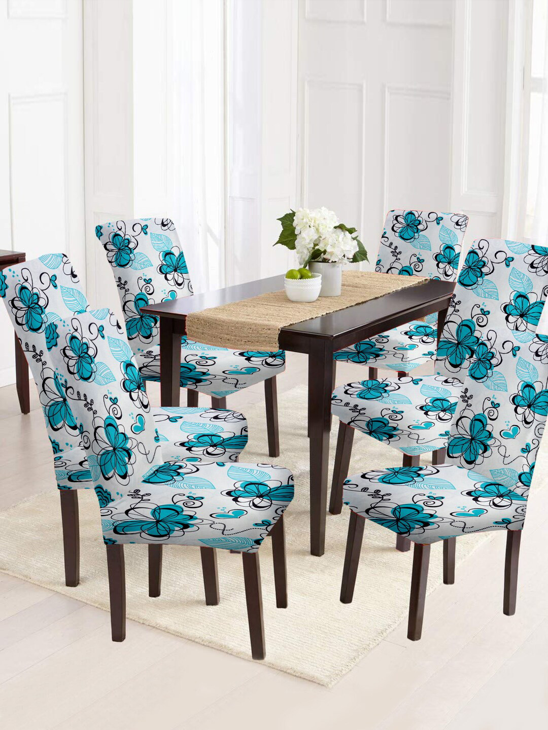 Cortina Set of 6 Blue & White Floral Printed Chair Covers
