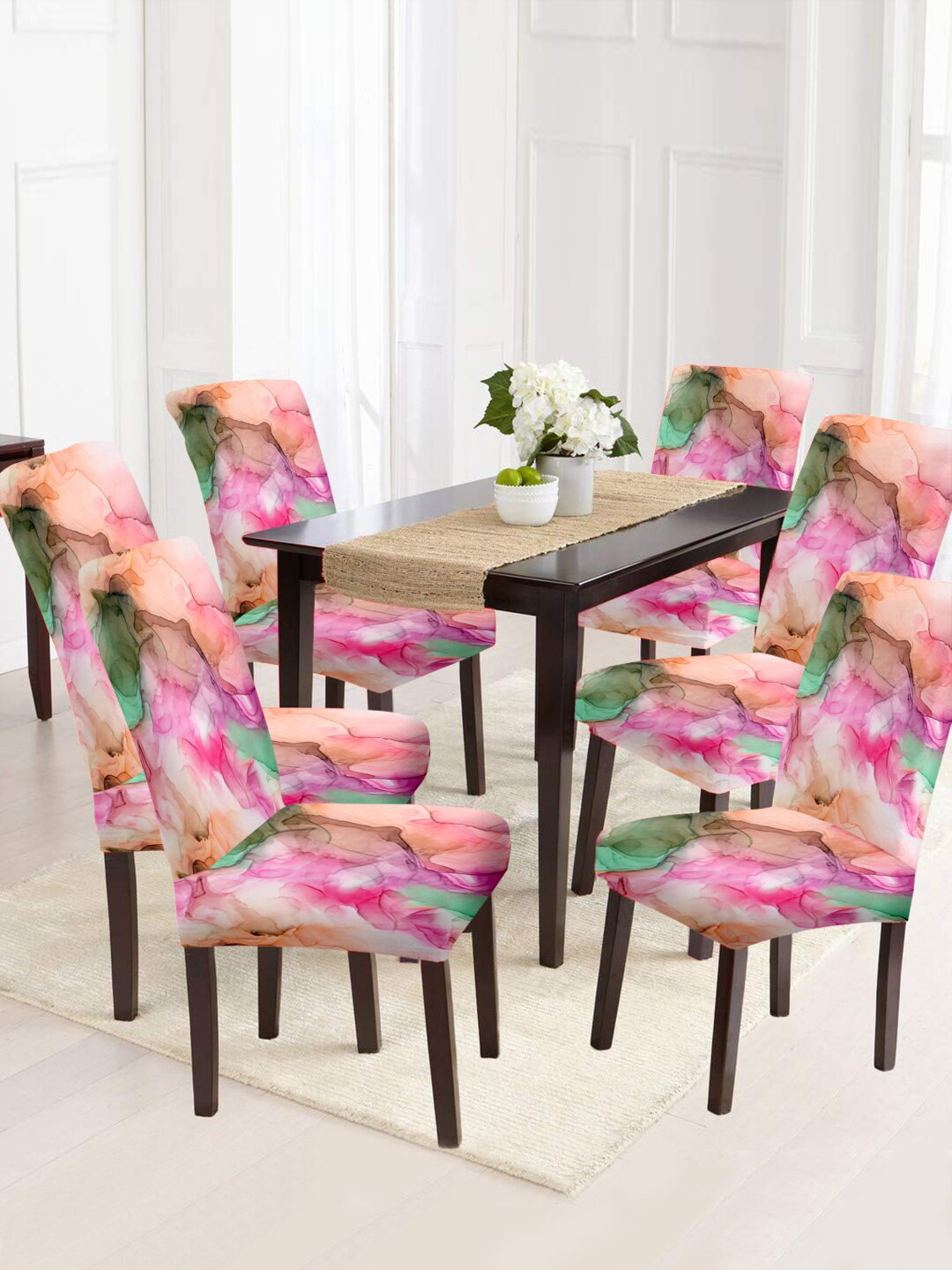 Cortina Pink & Green 6 Pieces Printed Removable Chair Covers