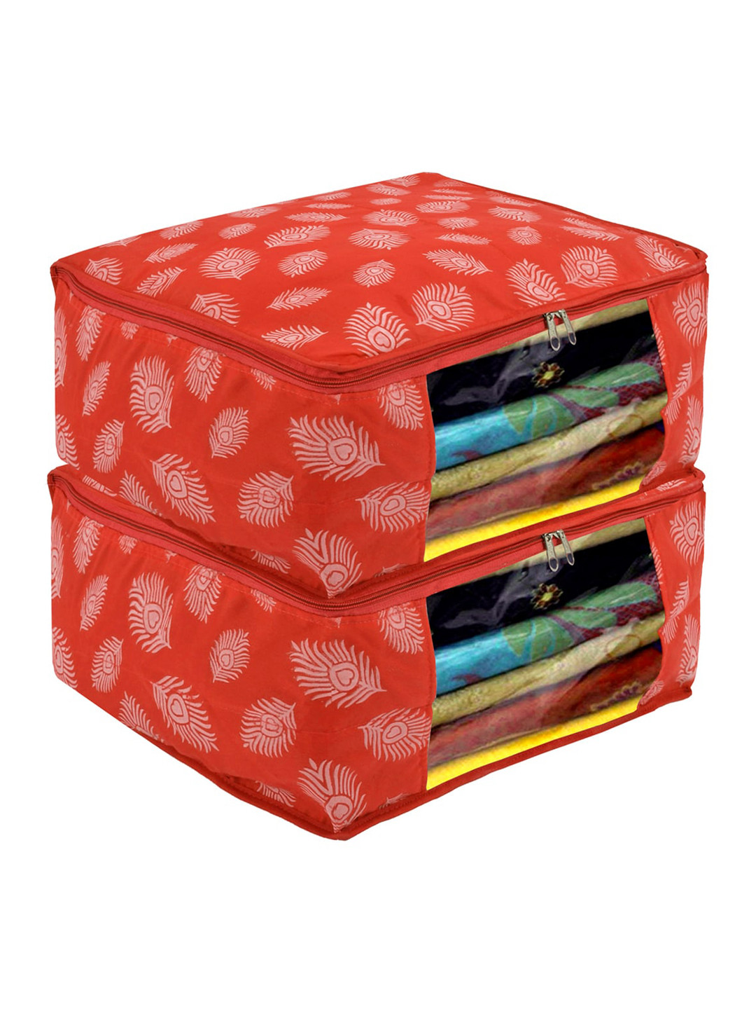 Kuber Industries Set Of 2 Orange & White Printed Saree Covers With Transparent Window