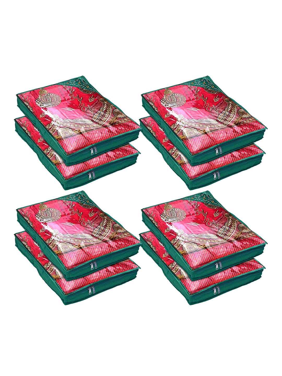 Kuber Industries Set Of 8 Green & White Embroidery Design Saree Covers