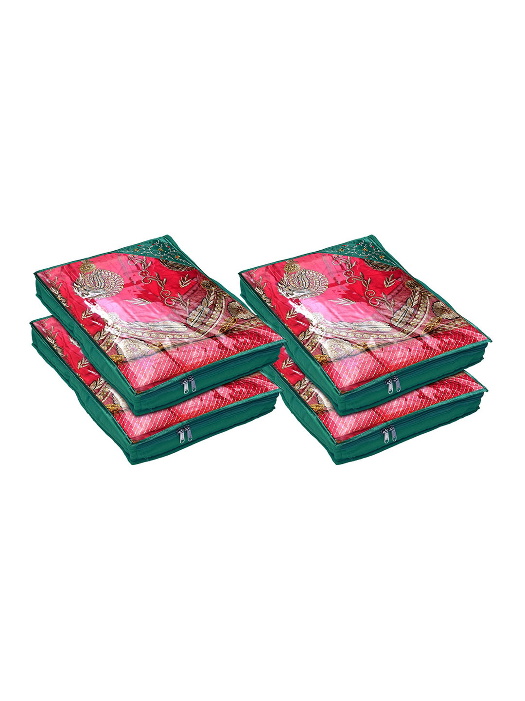 Kuber Industries Set of 4 Green Embroidered Saree Cover With Transparent Top