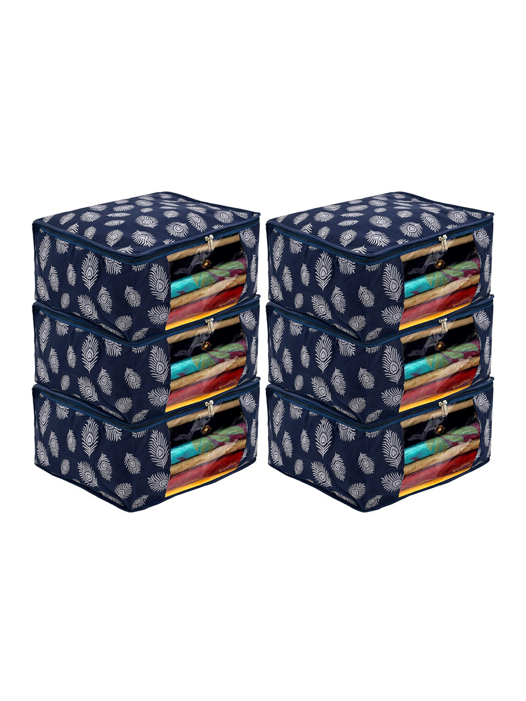 Kuber Industries Navy Blue & White 6 Pieces Printed Foldable Cotton Saree Organizers