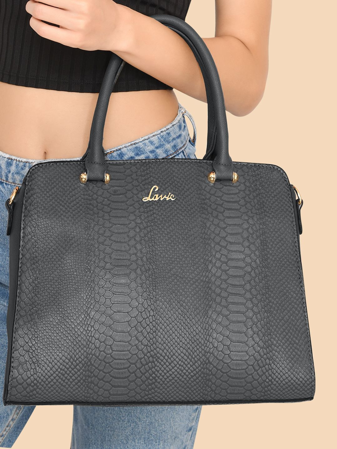 Lavie Grey Animal Textured PU Regular Structured Handheld Bag