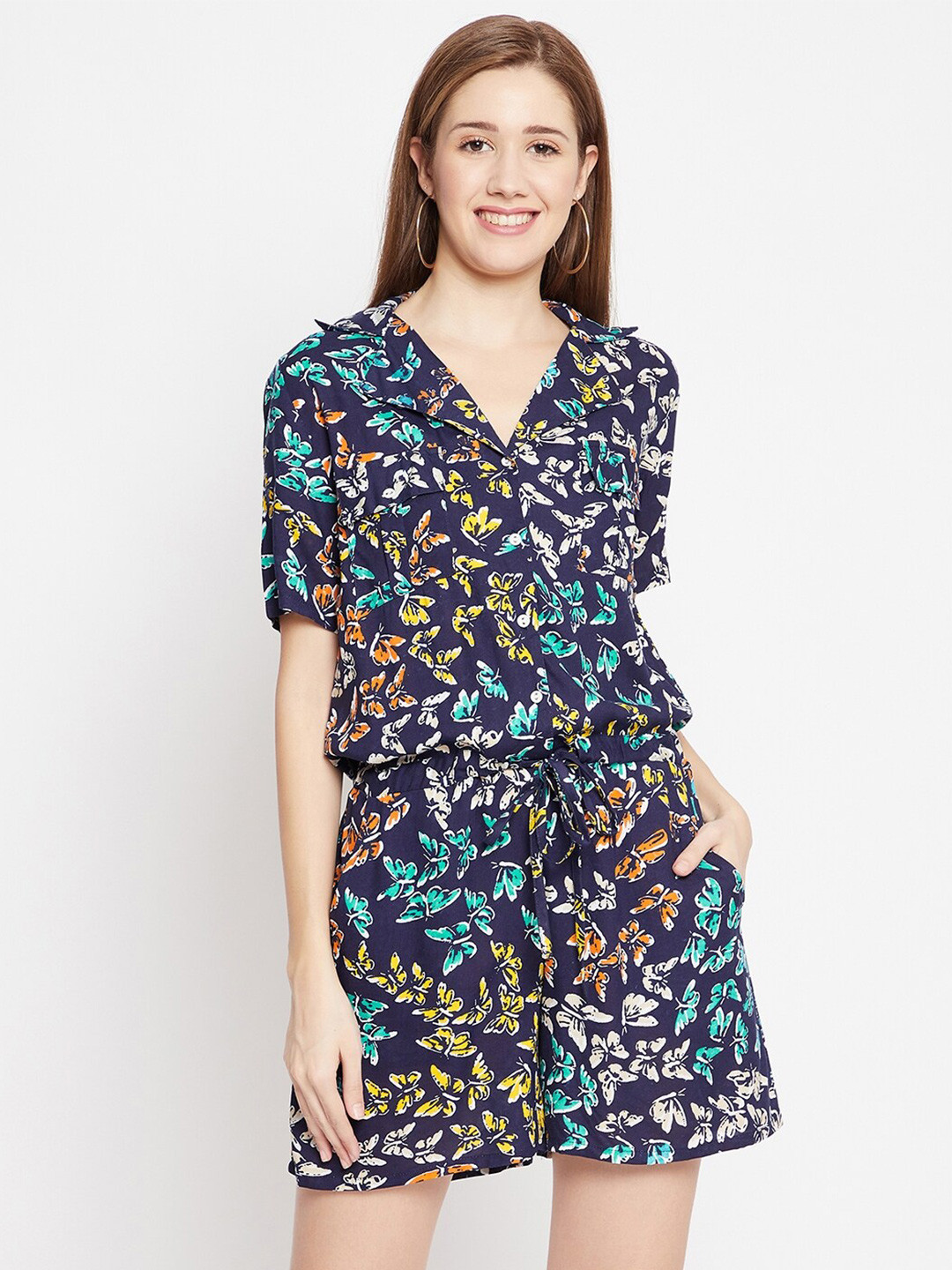 Color Cocktail Navy Blue & Yellow Printed Two-Piece