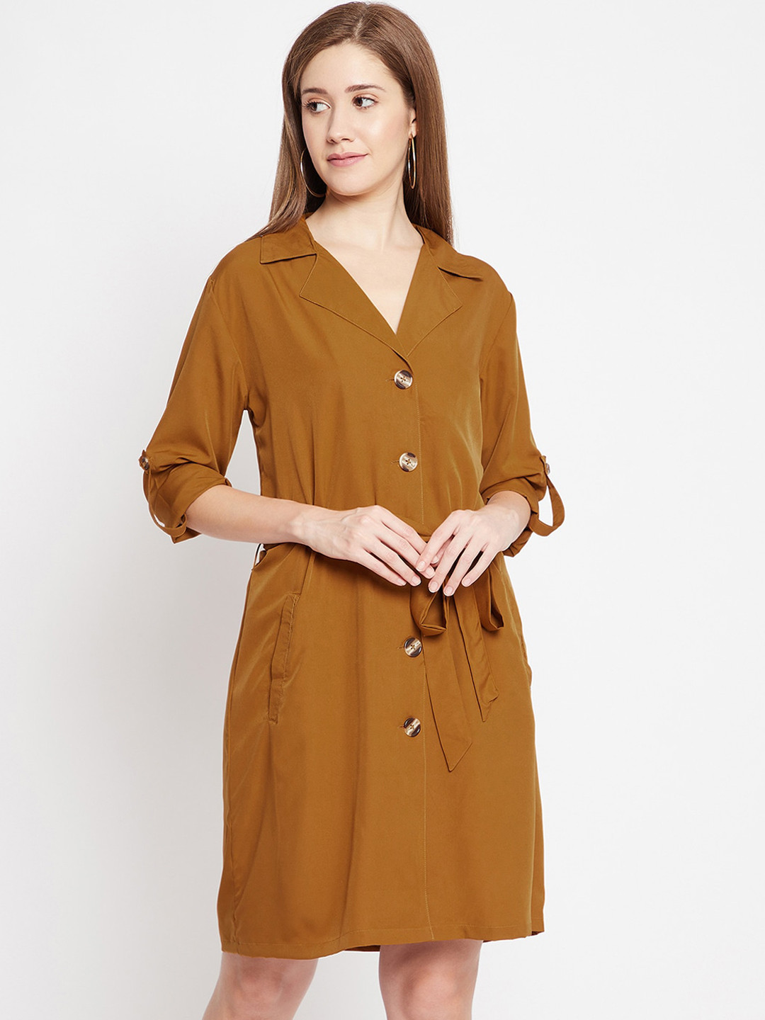 Color Cocktail Khaki Crepe Shirt Dress
