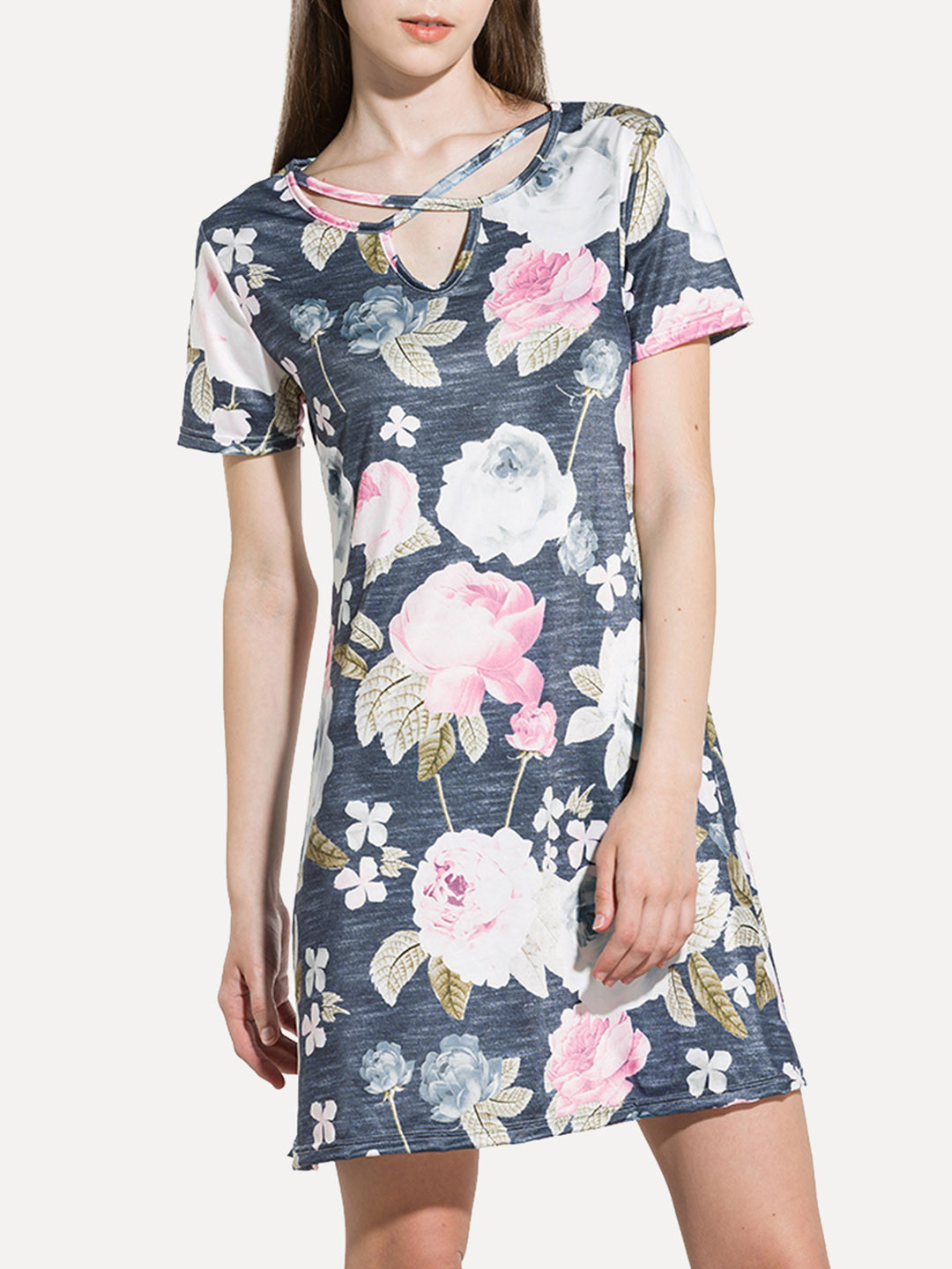 URBANIC Navy Blue & Charcoal Grey Floral Criss-Cross & Cut-Out Detail Mini T-shirt Dress