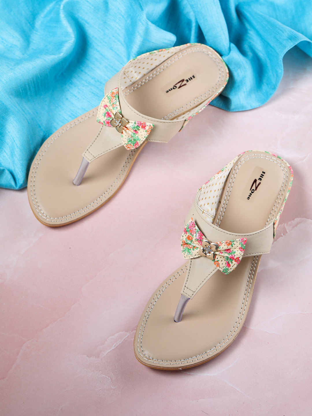 Shezone Women Cream-Coloured Printed T-Strap Flats
