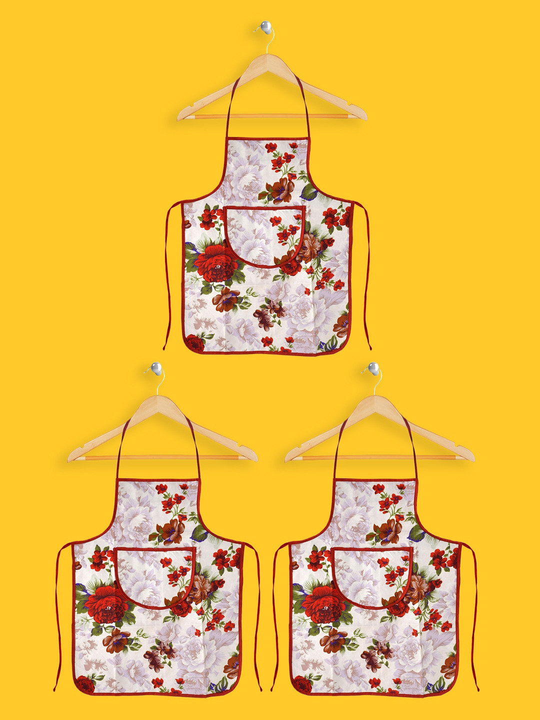 Kuber Industries Pack Of 3 Red Floral Printed Aprons