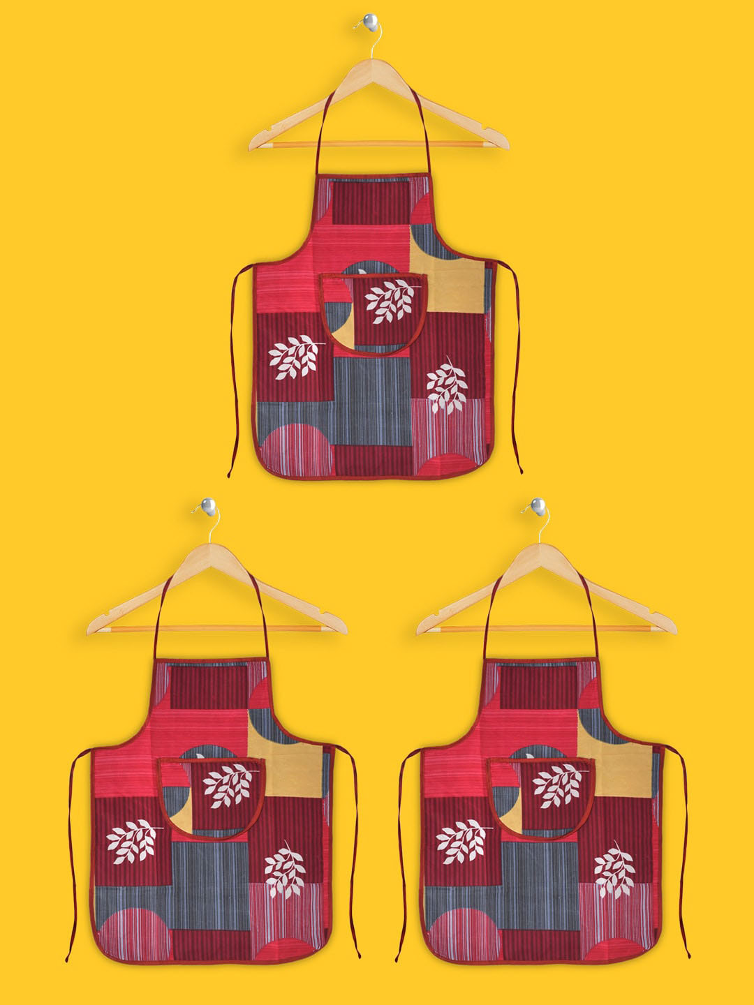 Kuber Industries Set Of 3 Pink & Red Printed Cotton Aprons