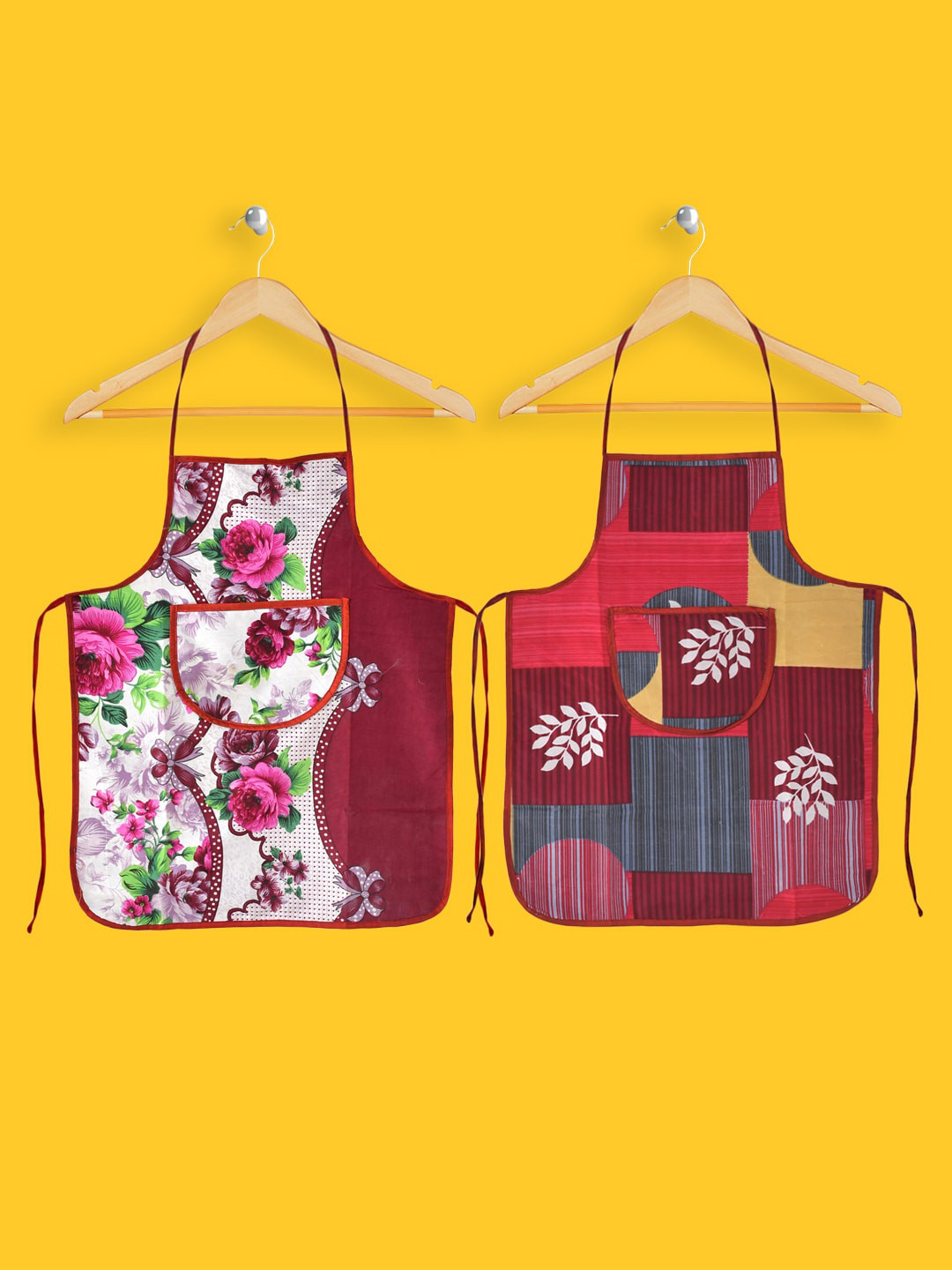 Kuber Industries Set Of 2 Pink & Red Printed Cotton Aprons