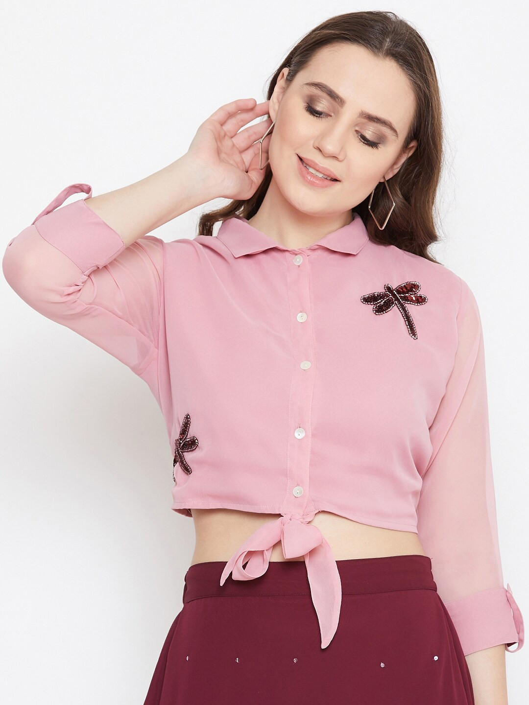 Bitterlime Peach-Coloured Georgette Shirt Style Hand Sequinned Crop Top