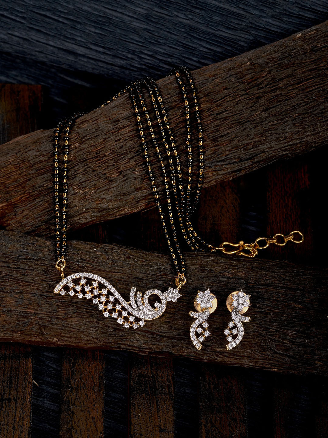 Saraf RS Jewellery Gold-Plated White & Black AD-Studded Beaded Mangalsutra Set
