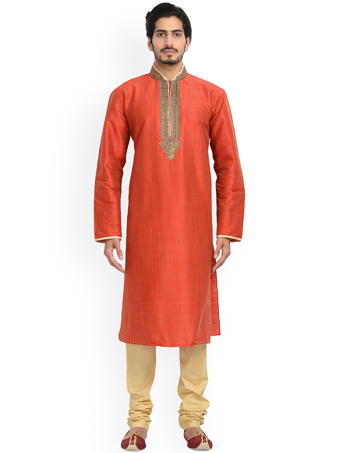 Manyavar Men Red Yoke Design Beads and Stones Kurta with Pyjamas