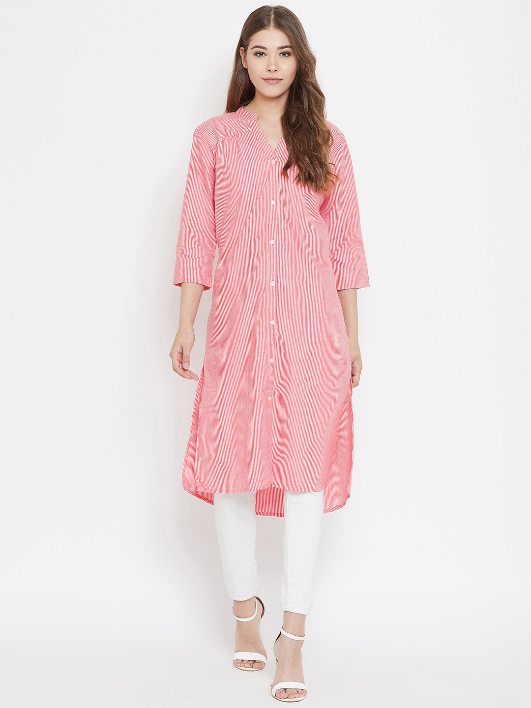 Ruhaans Pink & White Mandarin Collar Striped Tunic