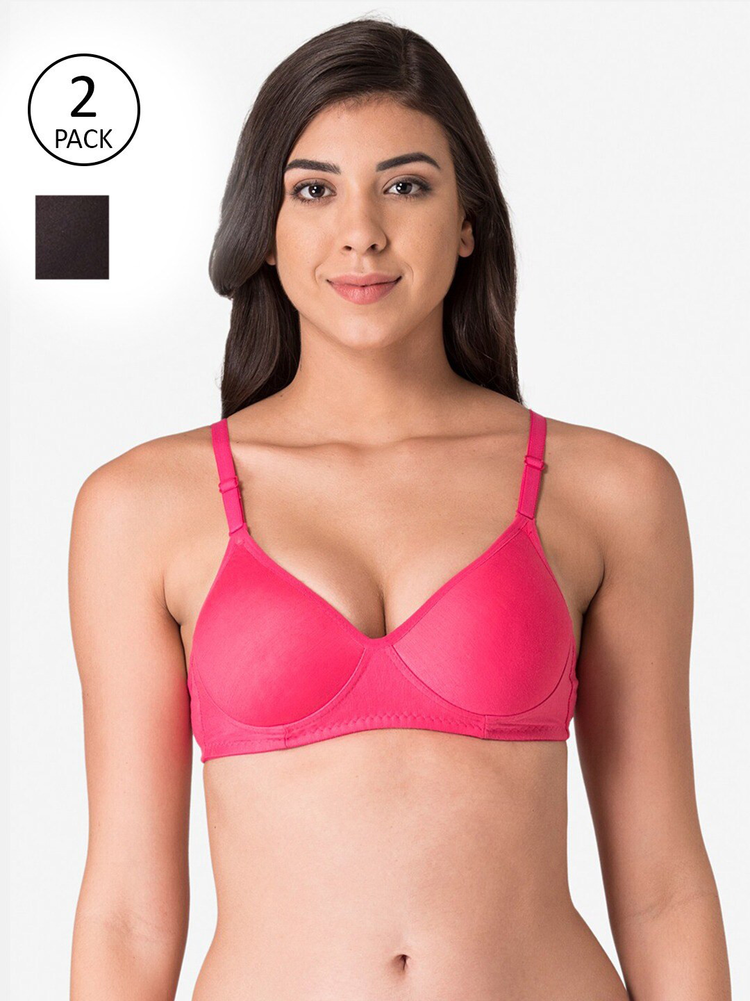 KOMLI Pink & Black Pack of 2 T-shirt Bra Lightly Padded