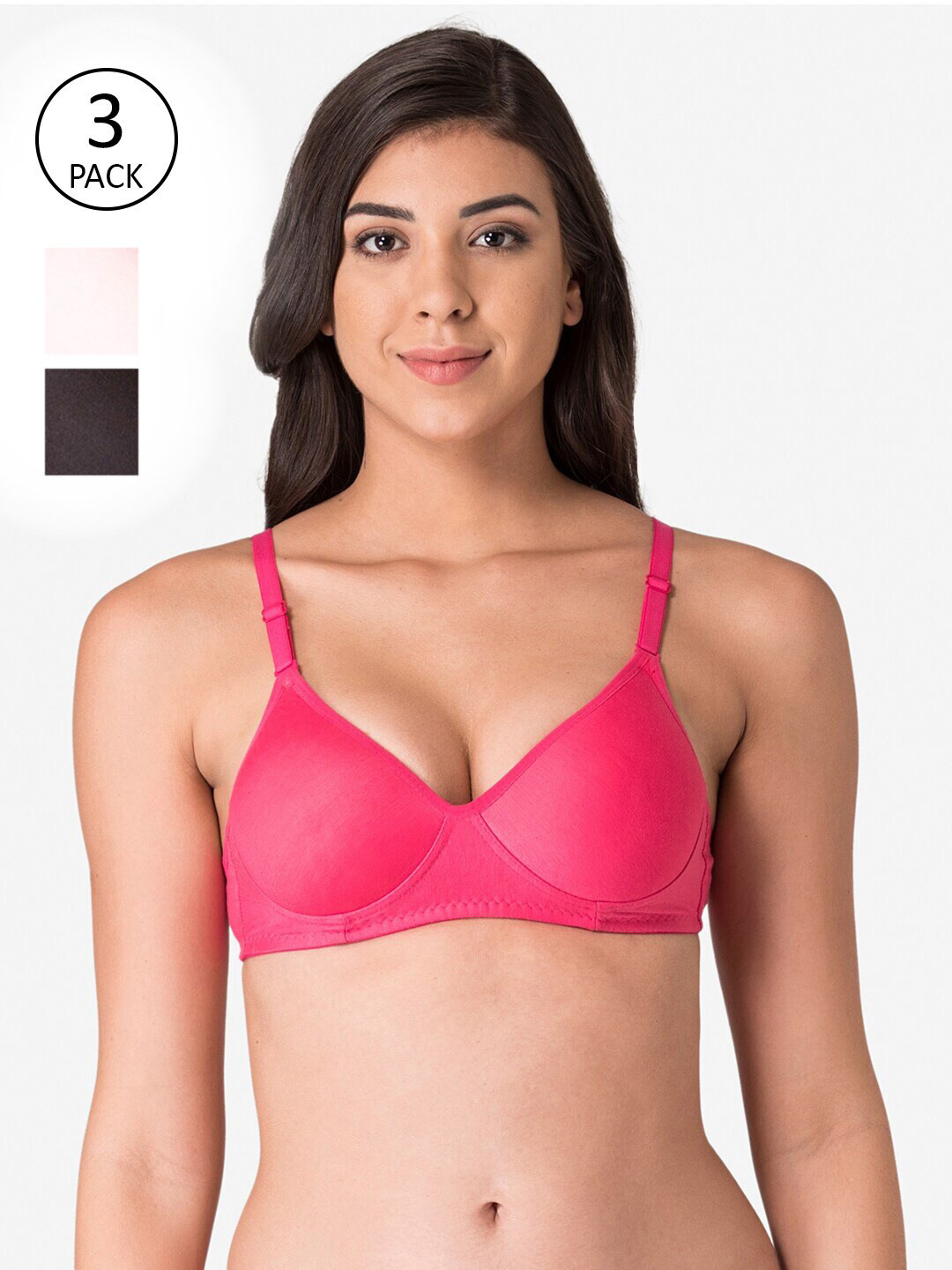 KOMLI Pink & Black Pack of 3 T-shirt Bra Lightly Padded