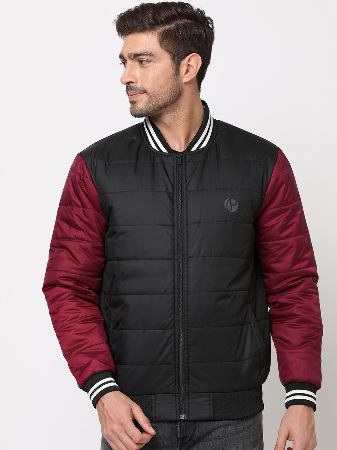 Pepe Jeans Men Black Striped Longline Bomber Jacket