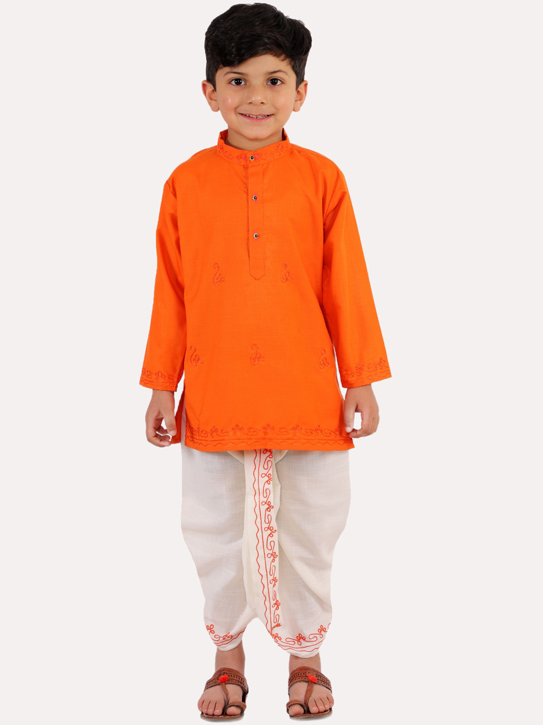 Superminis Boys Orange Regular Thread Work Pure Cotton Kurta with Dhoti Pants
