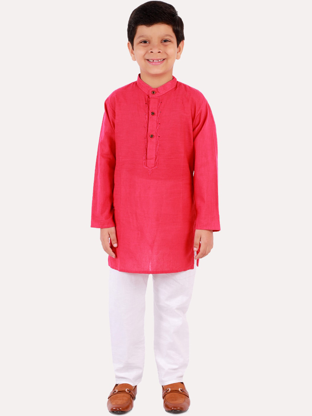 Superminis Boys Solid White Magenta Regular Pure Cotton Kurta with Pyjamas Set