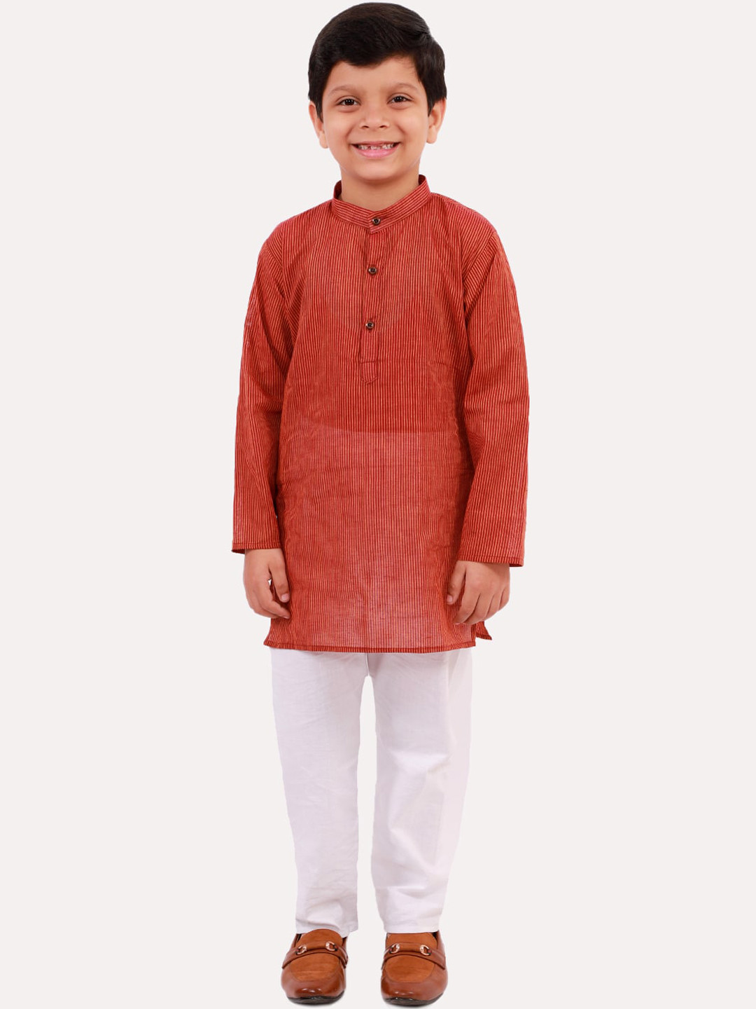 Superminis Boys Brown Striped Regular Pure Cotton Kurta with Pyjamas