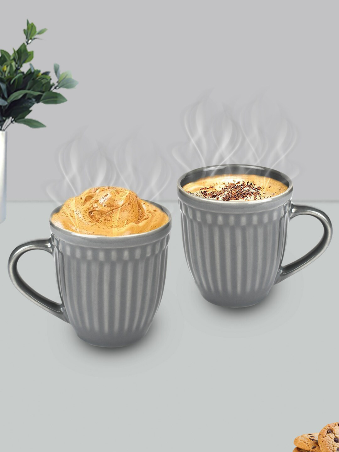 URBAN CHEF Stargazer Grey Striped Ceramic Handcrafted 2 Piece Mugs-350ml