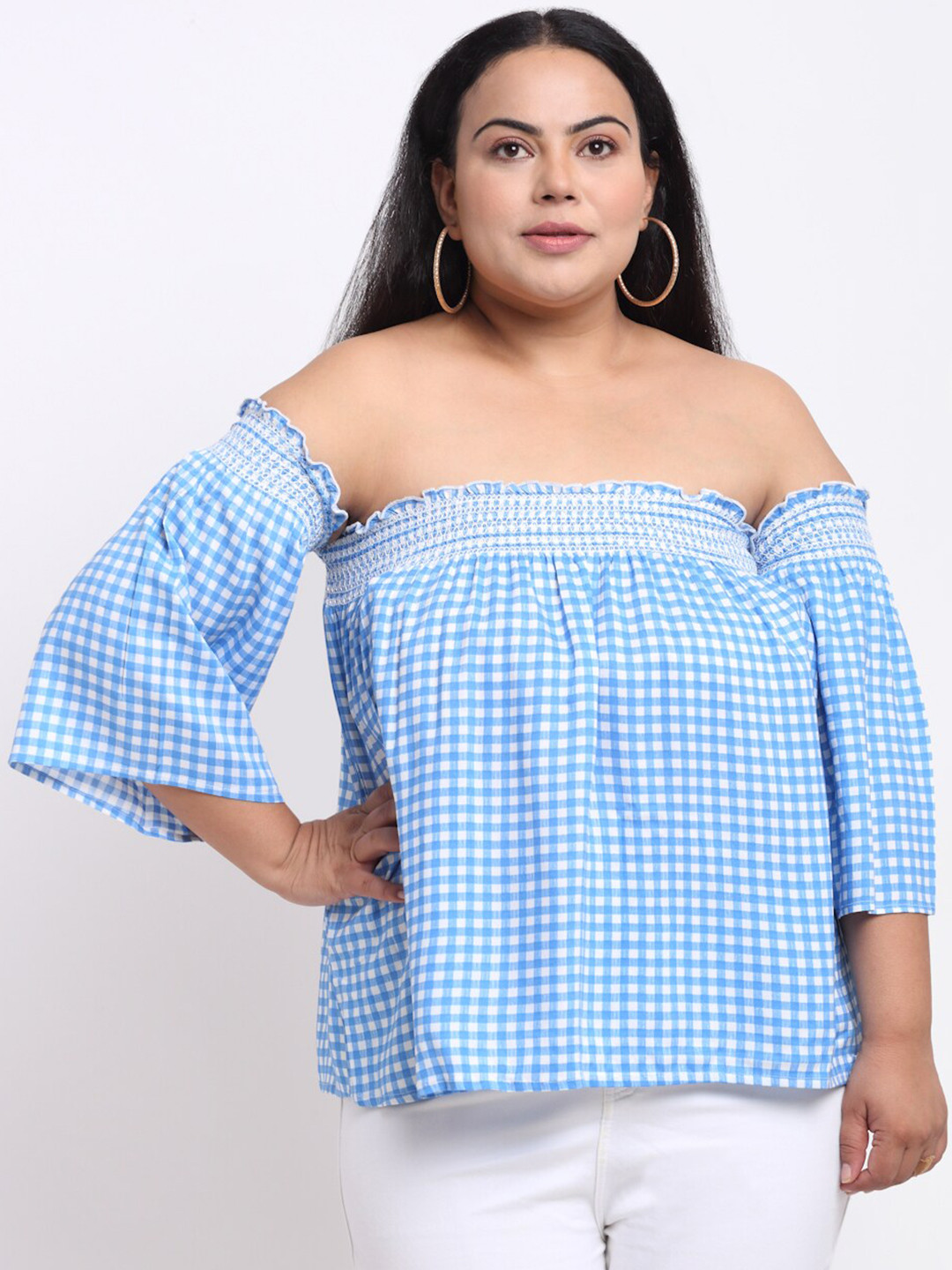 sindrellastorie Blue & White Checked Off-Shoulder Bardot Top